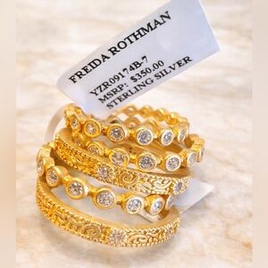 Freida Rothman Sterling Silver CZ Stack Ring Set Gold Vermeil Size 7 NWT $350